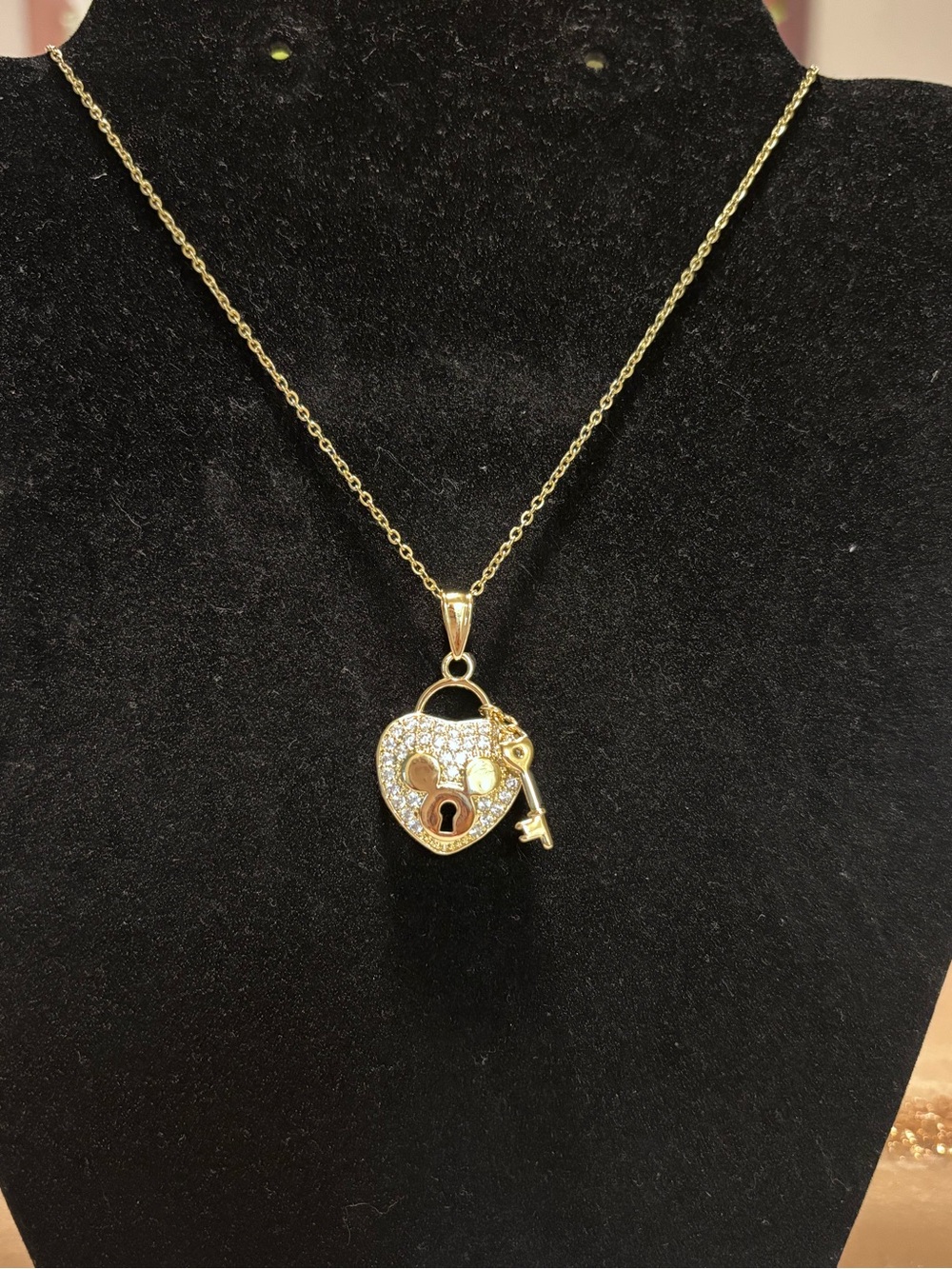 Gold Heart Mickey Mouse Lock & Key Pendant Necklace